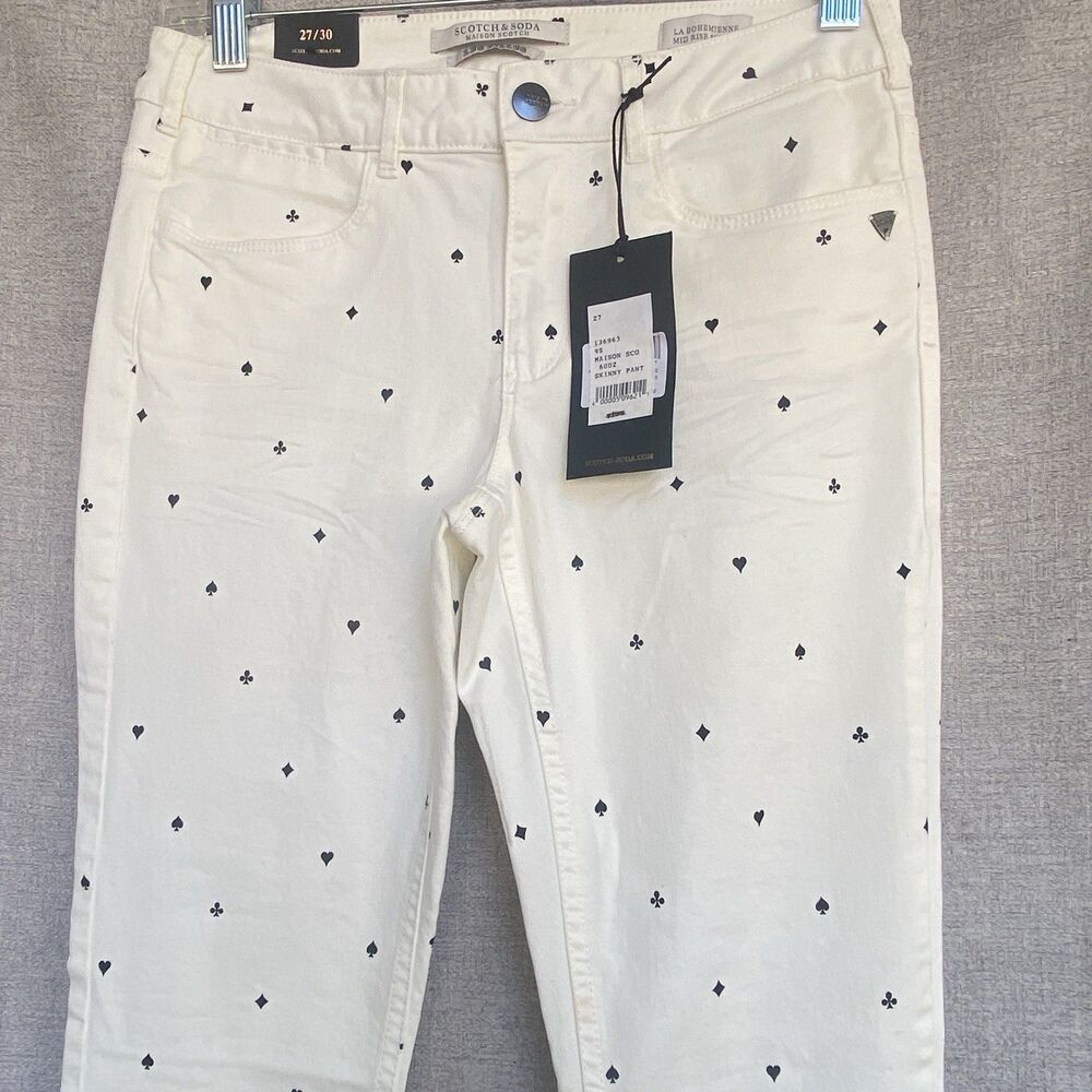 Scotch & Soda Women’s Pants 27/30 White Black Ace Spade Diamond Club Hearts